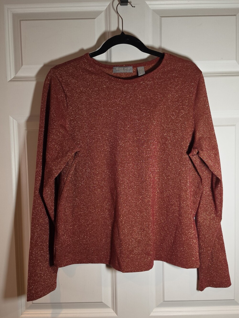 Kate Hill Casual Metallic Sparkle Long-Sleeve Top in Rust L